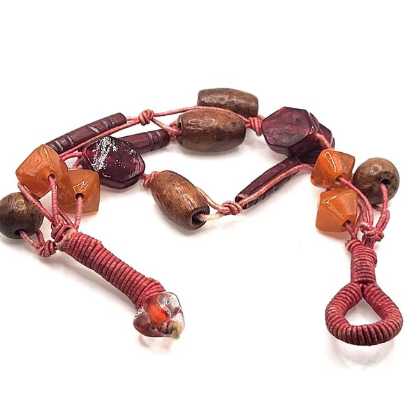 Multi-strand Carnelian Wood Beaded Bracelet Anklet Red cord 9in - Picture 5 of 6
